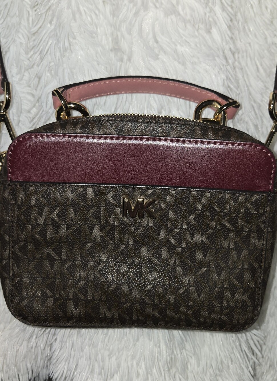 Michael Kors Brown Monogram Crossbody with Burgundy and Pink Trim
